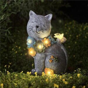 Solar Cat Statue Outdoor Garden Decor, Cat Figurines Garden Outside Decoration